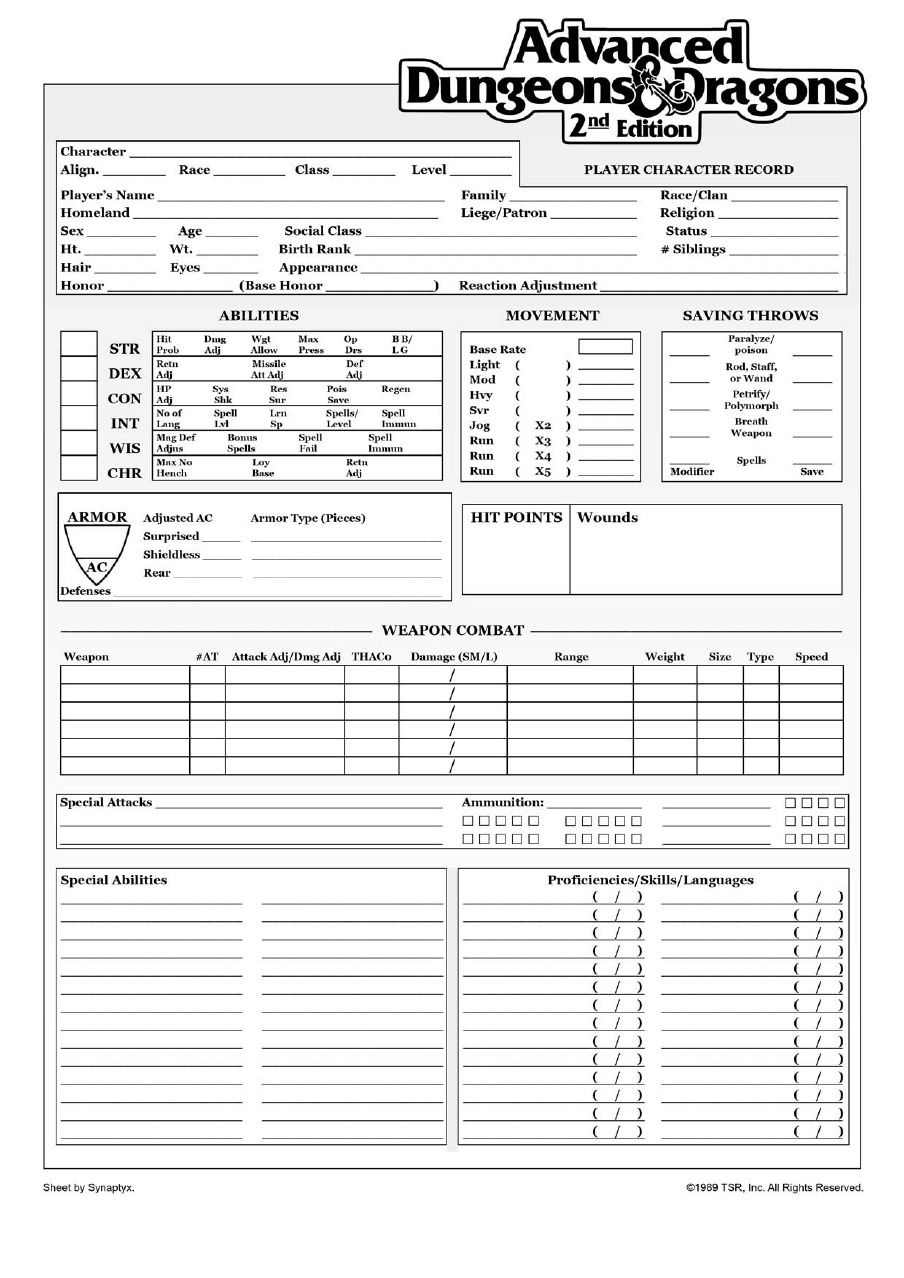 AD&D 2nd edition character sheet by Synaptyx | Ficha rpg, Ficha de personagem, Personagens dungeons and dragons