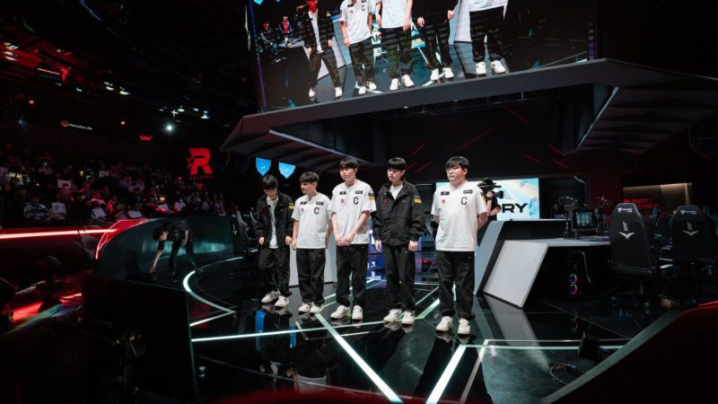 In the photo, KT celebrates the victory, after jungler Pyosik acts as Rammus