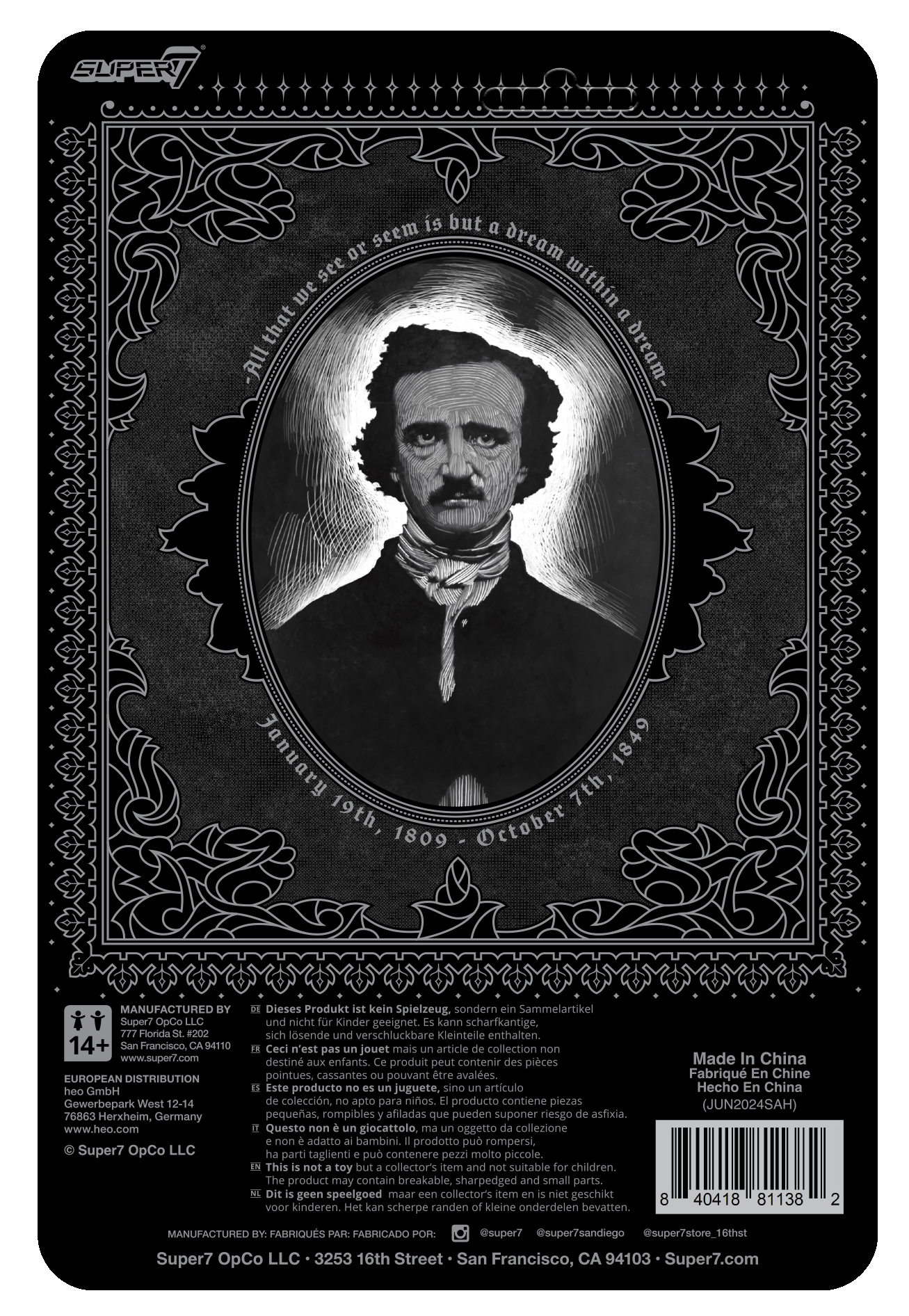 Action Figure Edgar Allen Poe Reaction in Black and White