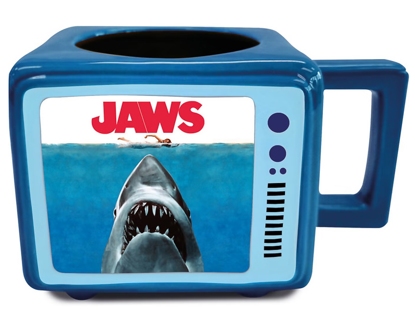 Tube television mug with shark (jaws) reactive heat
